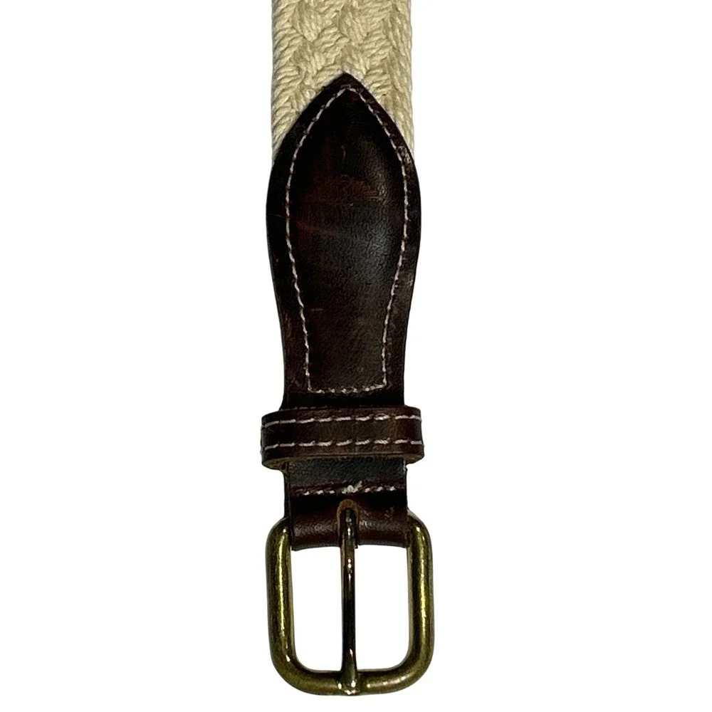 VTG Dockers Woven Rope Belt Cream Brown‎ Leather Brass Buckle USA Made 37